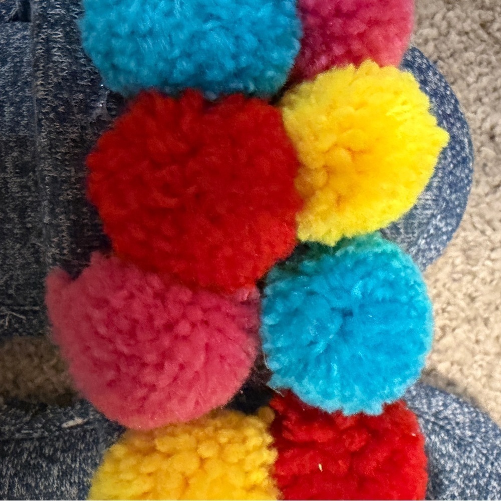 Couture Pom Pom Denim Slide Sandals Multicolor Pom Boho Festival Women’s 7 - Picture 3 of 3